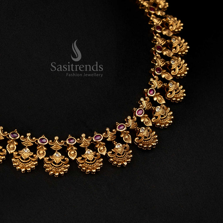 Opulent Temple Matte Gold Plated Peacock Fringe Necklace with Linked Oval AD Stones for Weddings by Sasitrends
