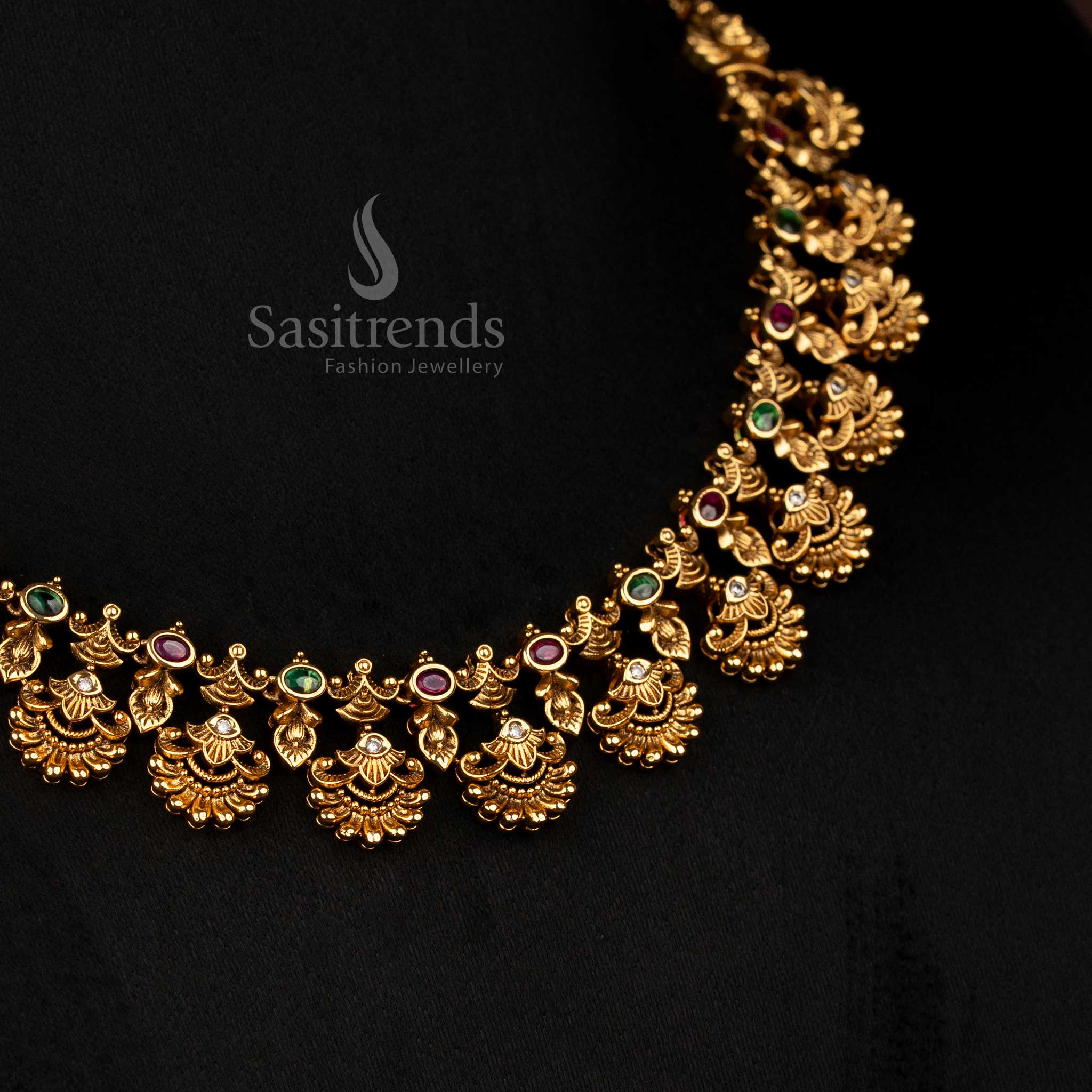 Luxurious Bridal Matte Gold Peacock Necklace with Oval AD Stones, Perfect for Festive Wear by Sasitrends