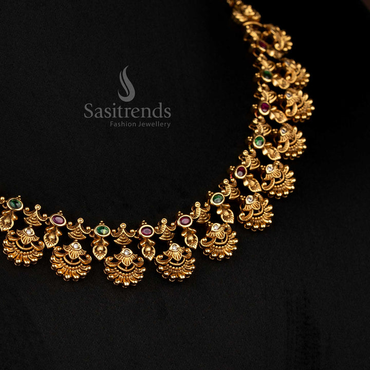 Luxurious Bridal Matte Gold Peacock Necklace with Oval AD Stones, Perfect for Festive Wear by Sasitrends