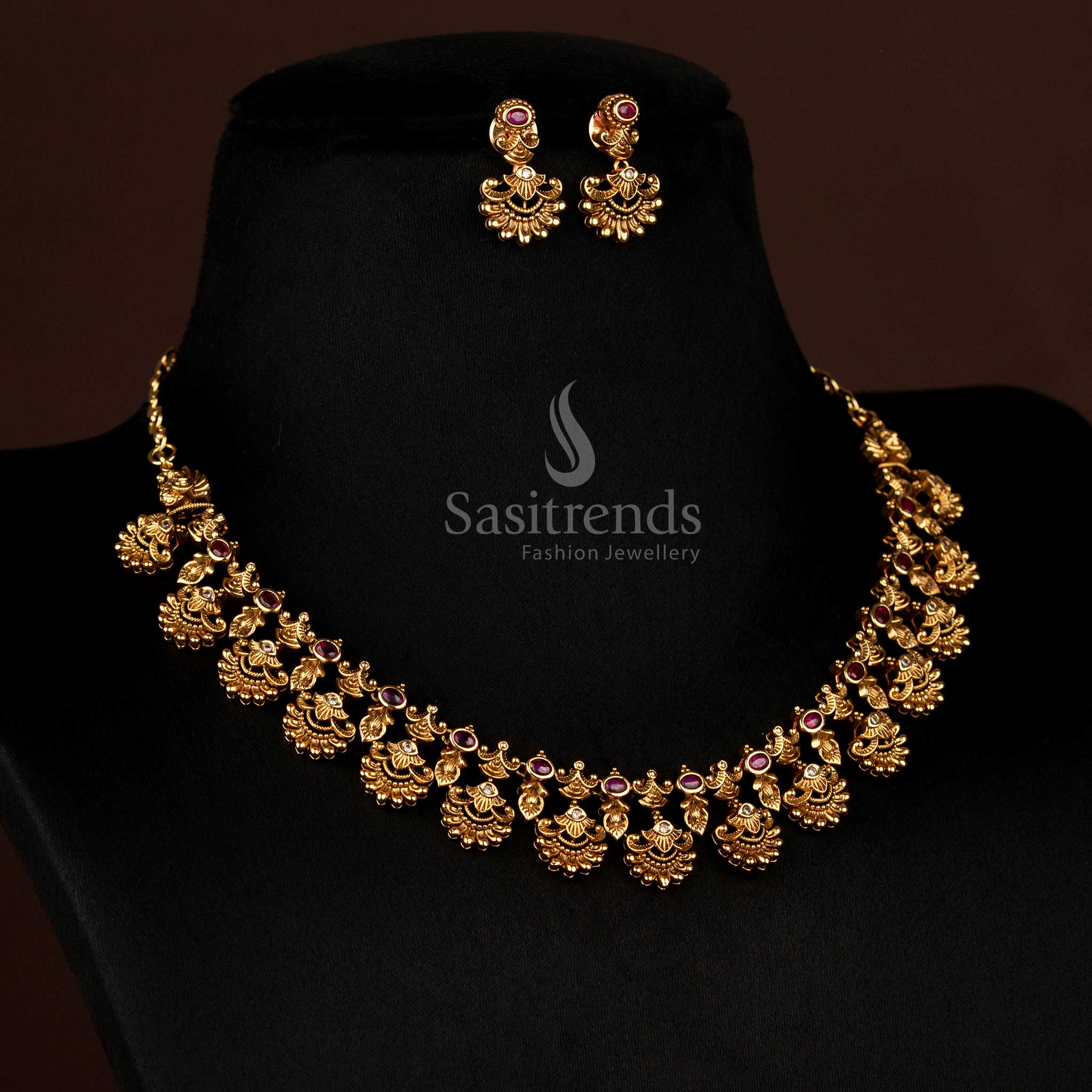 Luxurious Bridal Matte Gold Peacock Necklace with Oval AD Stones, Perfect for Festive Wear by Sasitrends