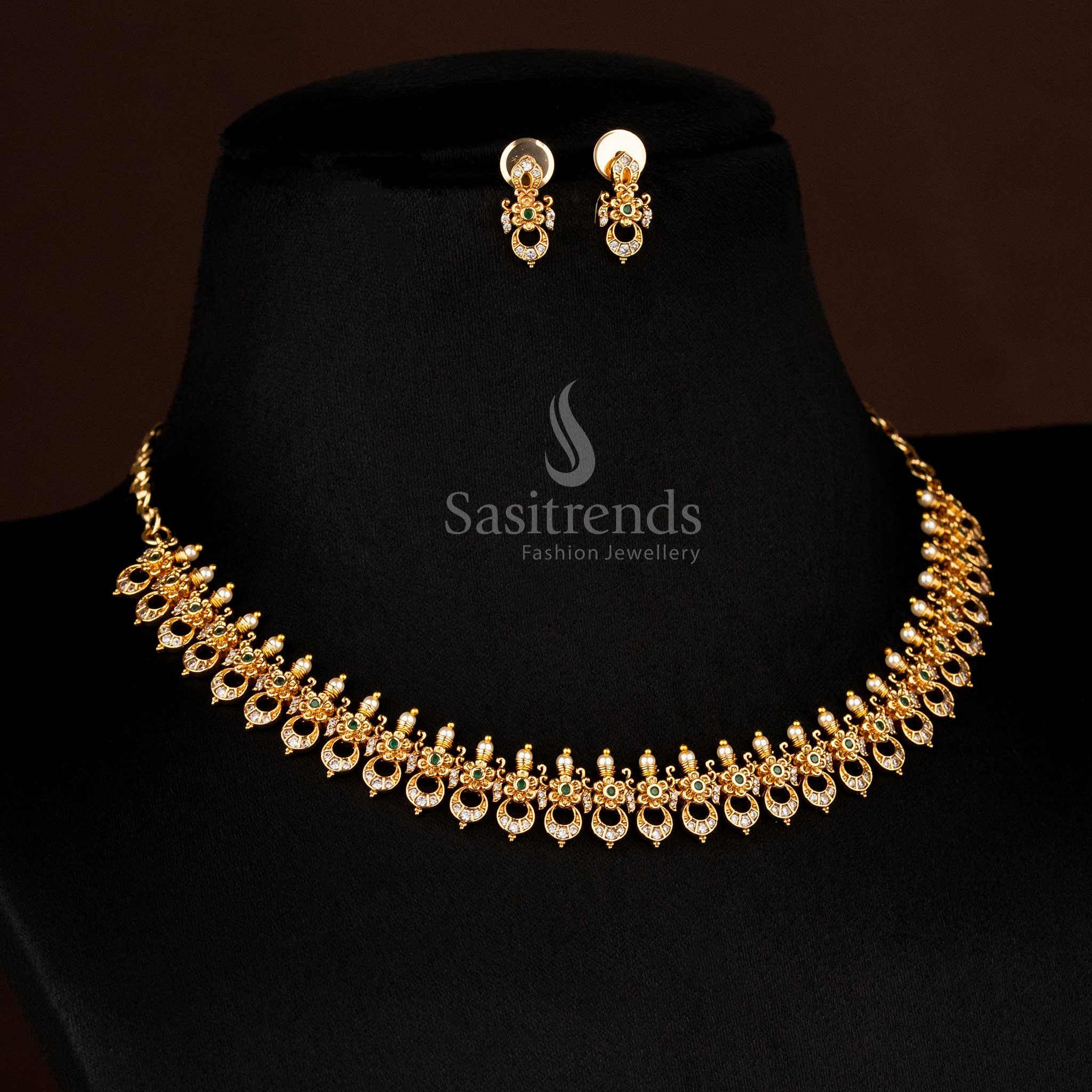 Ethereal Matte Gold Plated Crescent Moon Necklace with Floral White Green AD Stones, Temple-Inspired Regalia by Sasitrends