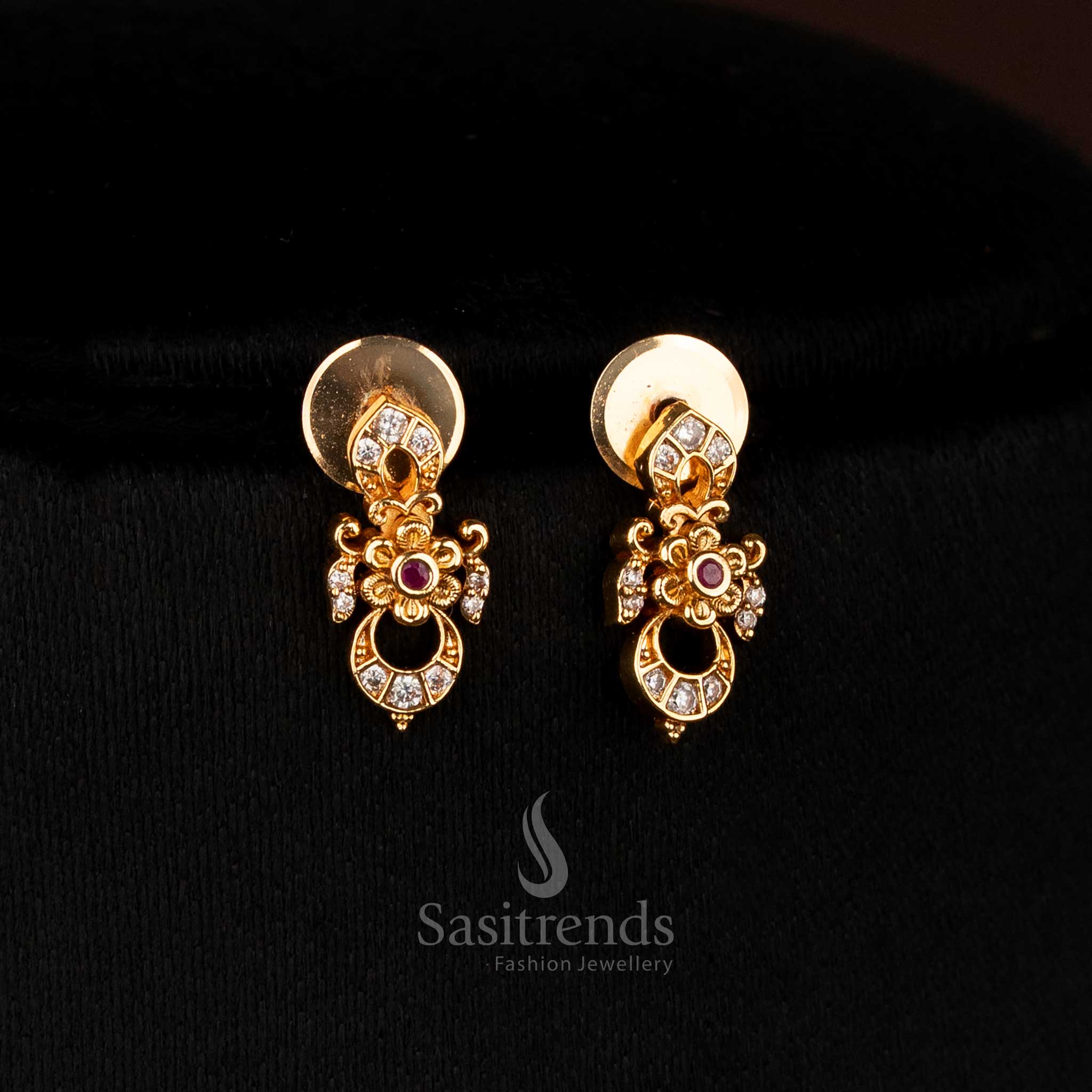 Premium Matte Gold Plated Crescent Moon Necklace with Floral White Ruby AD Stones, Temple-Inspired Regalia by Sasitrends