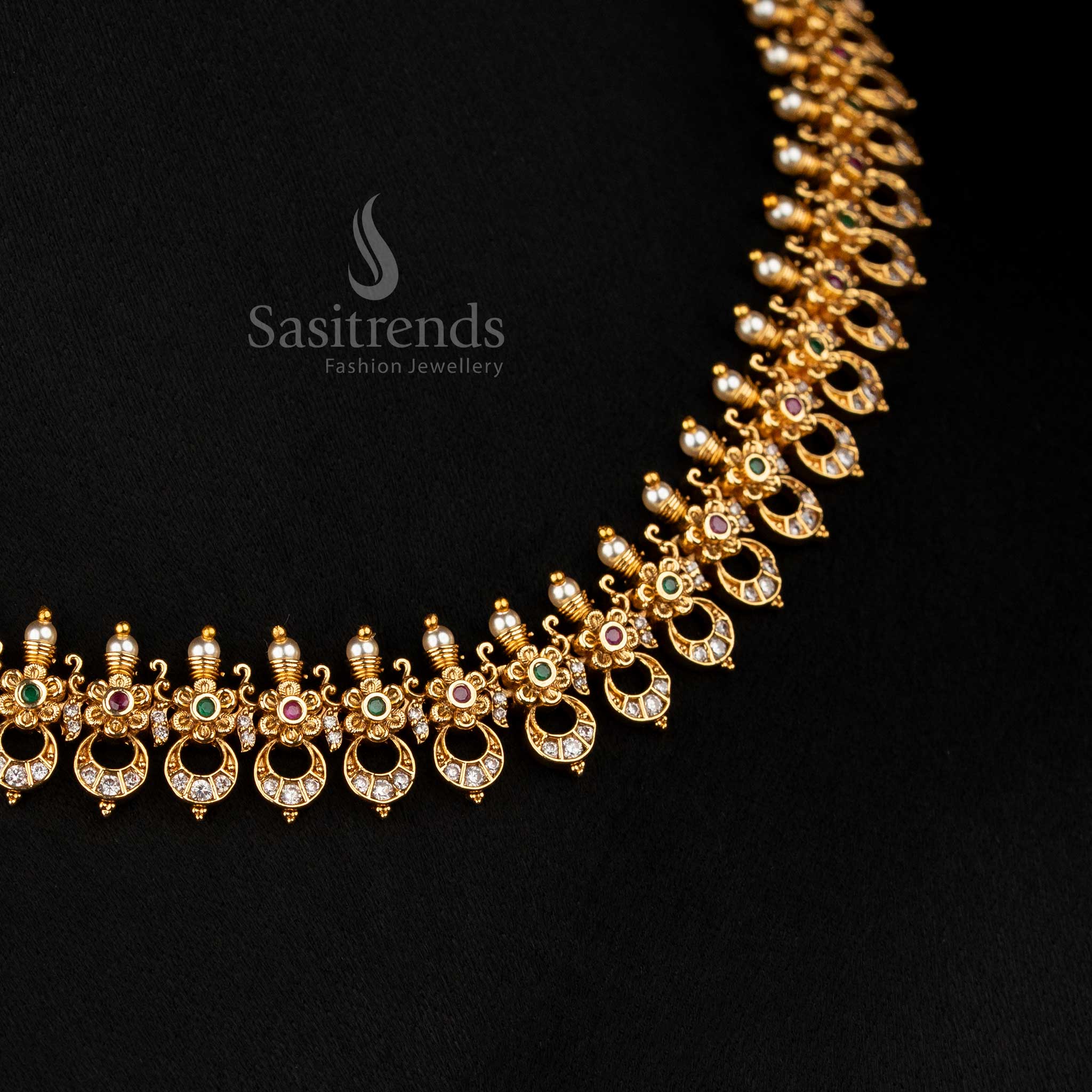 Temple Celestial Temple Necklace with Crescent Moon and Floral Multi AD Stones, Perfect for Weddings by Sasitrends