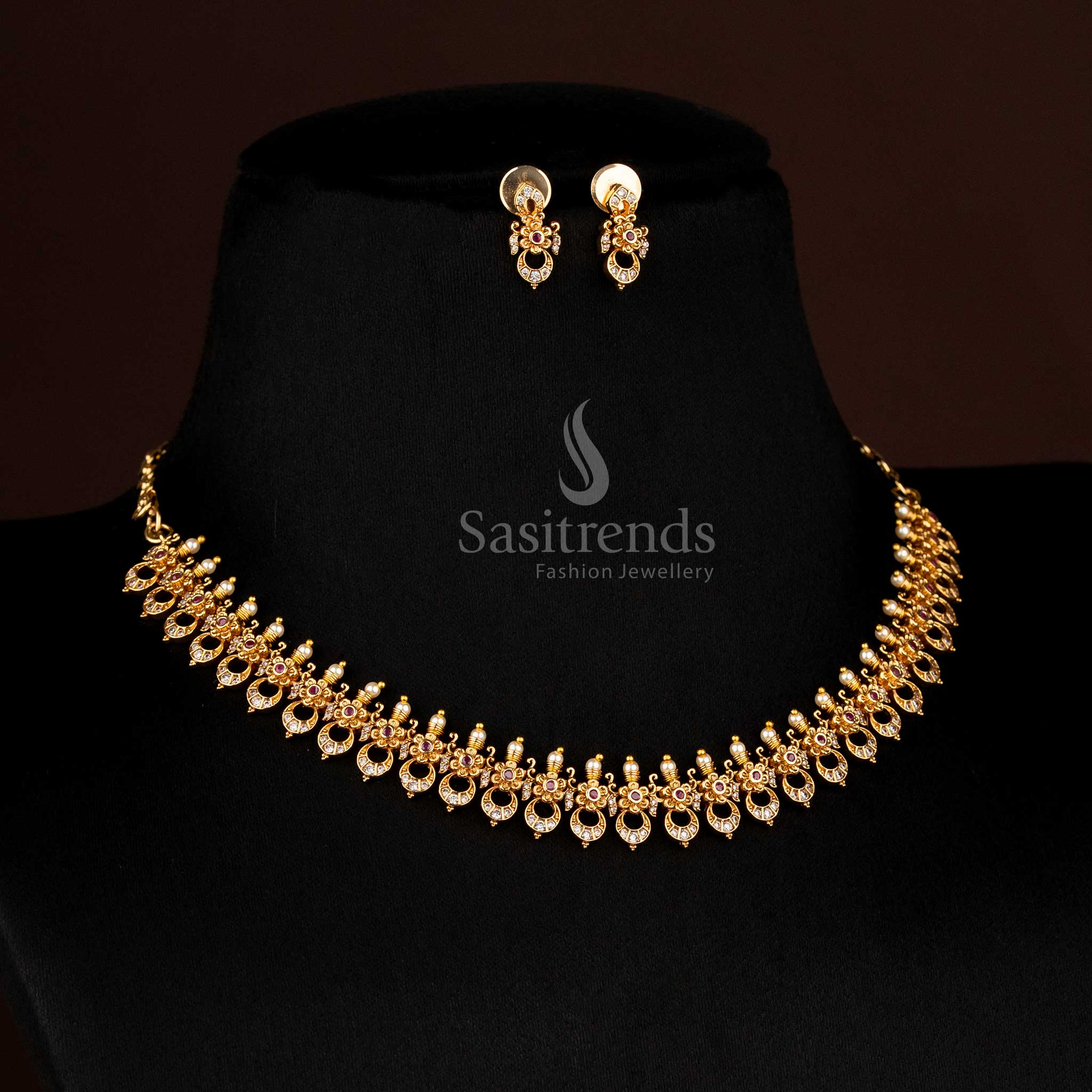 Celestial Temple Necklace with Crescent Moon and Floral White Ruby AD Stones, Perfect for Weddings by Sasitrends