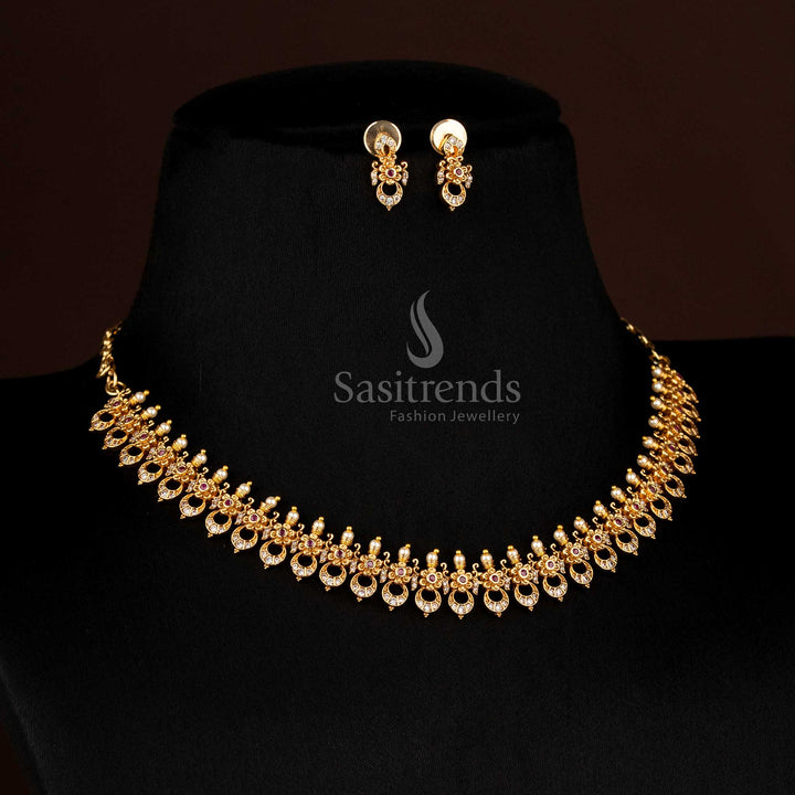 Celestial Temple Necklace with Crescent Moon and Floral White Ruby AD Stones, Perfect for Weddings by Sasitrends
