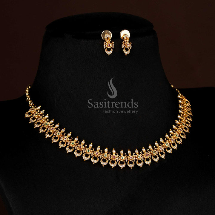 Ornate Matte Gold Crescent Moon Necklace with Floral Multi AD Stones, Majestic Bridal Ensemble by Sasitrends