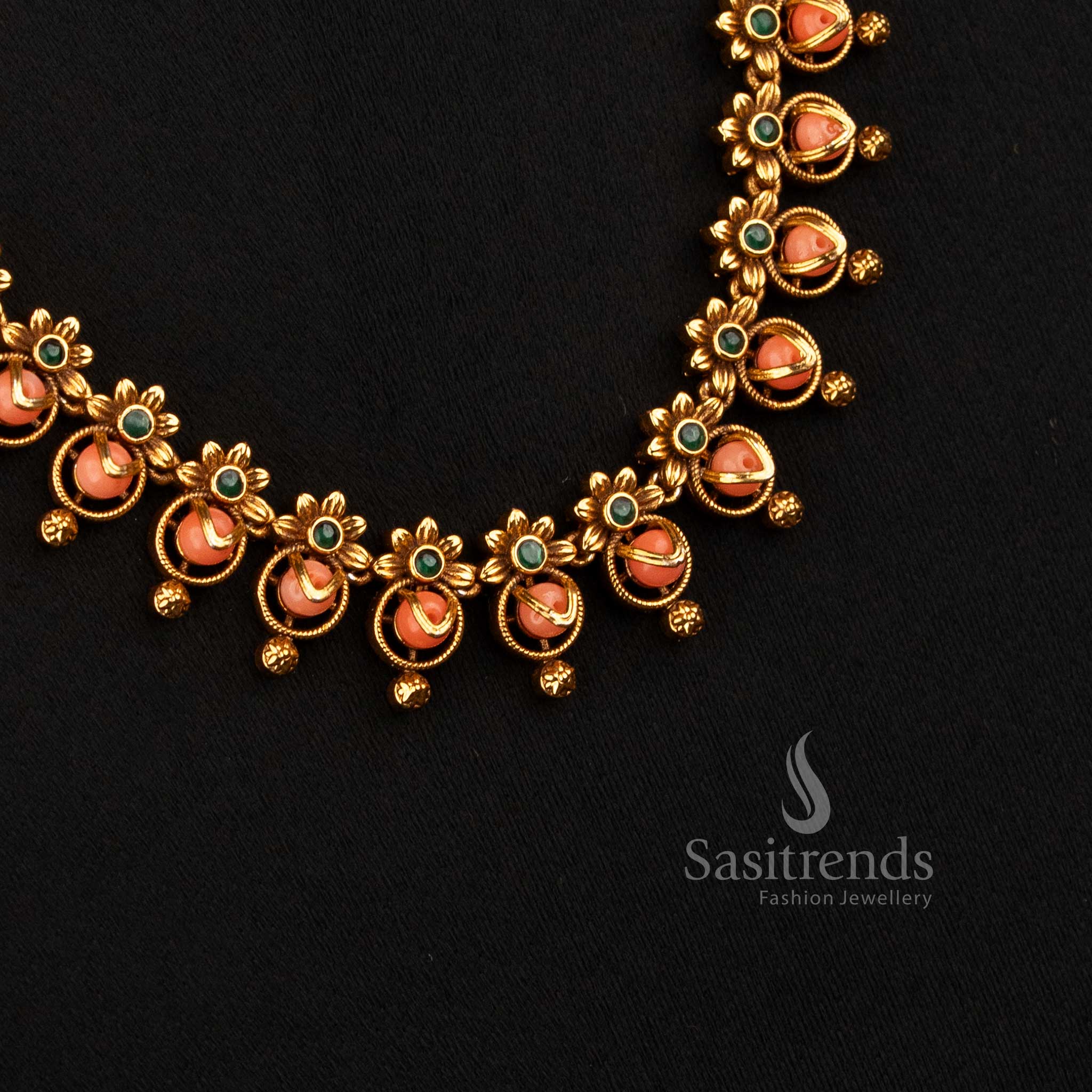 Matte Gold Temple Floral Long Necklace with Pearl Accents - Sasitrends