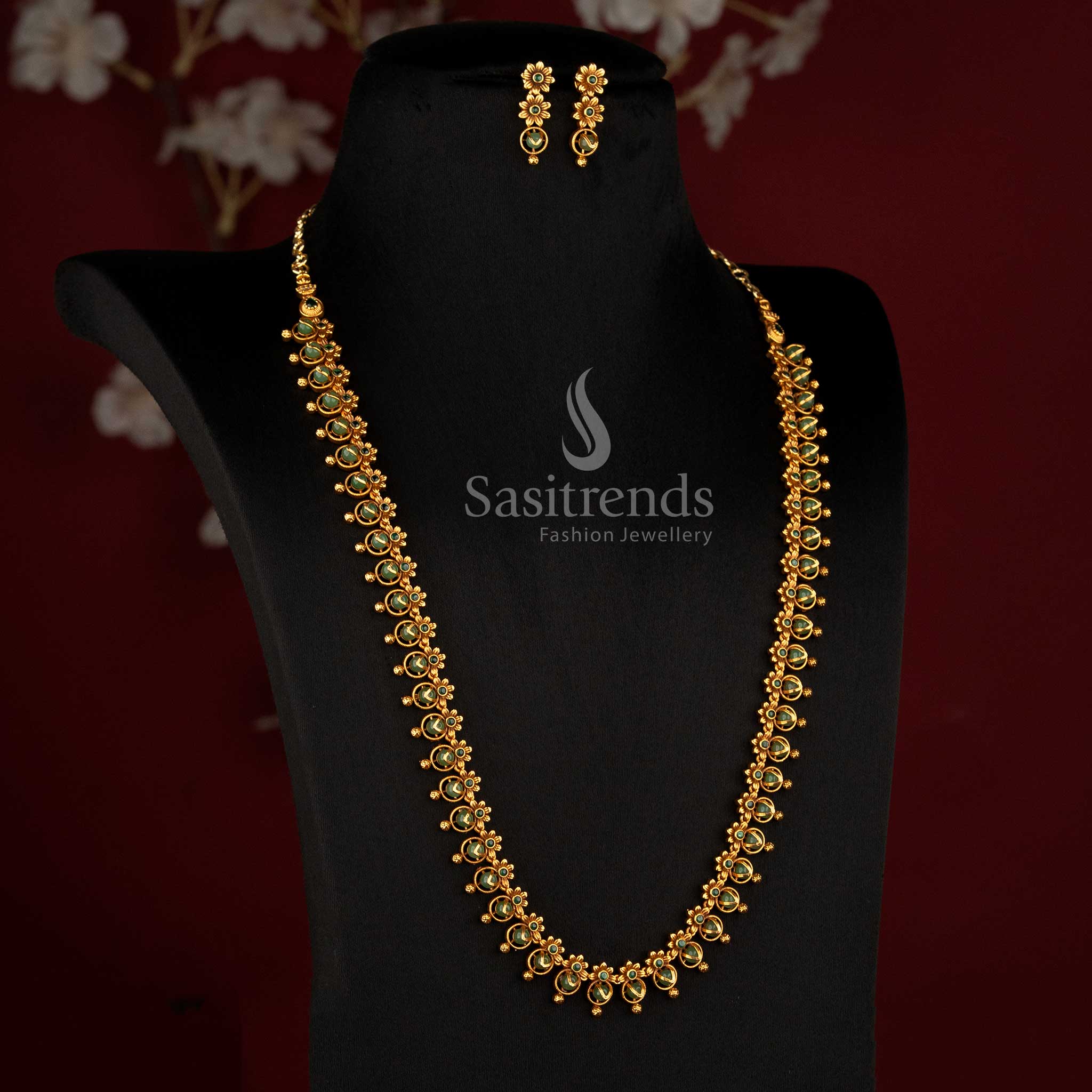 Matte Gold Plated Long Pearl Necklace for South Indian Festive Wear - Sasitrends