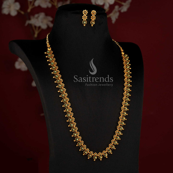 Matte Gold Plated Long Pearl Necklace for South Indian Festive Wear - Sasitrends