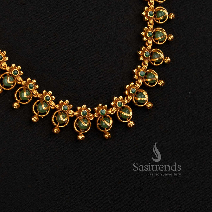Traditional Matte Gold Plated Floral Long Necklace with Round Pearl Details - Sasitrends