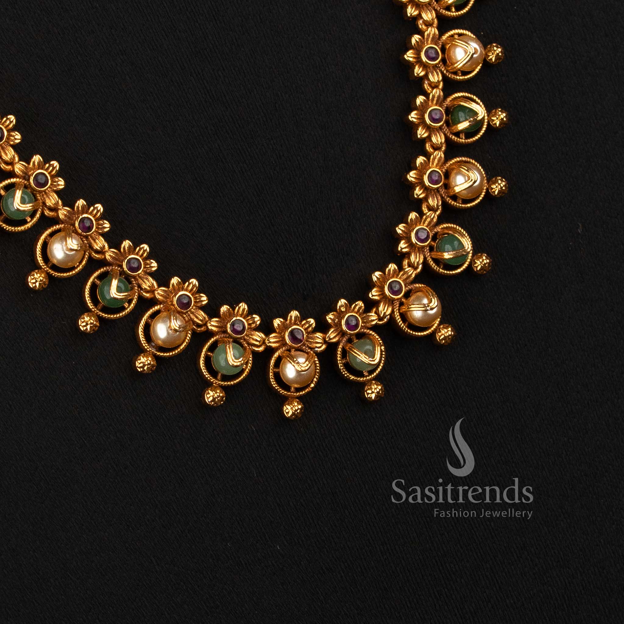 Matte Gold Plated Long Pearl Necklace for South Indian Festive Wear - Sasitrends