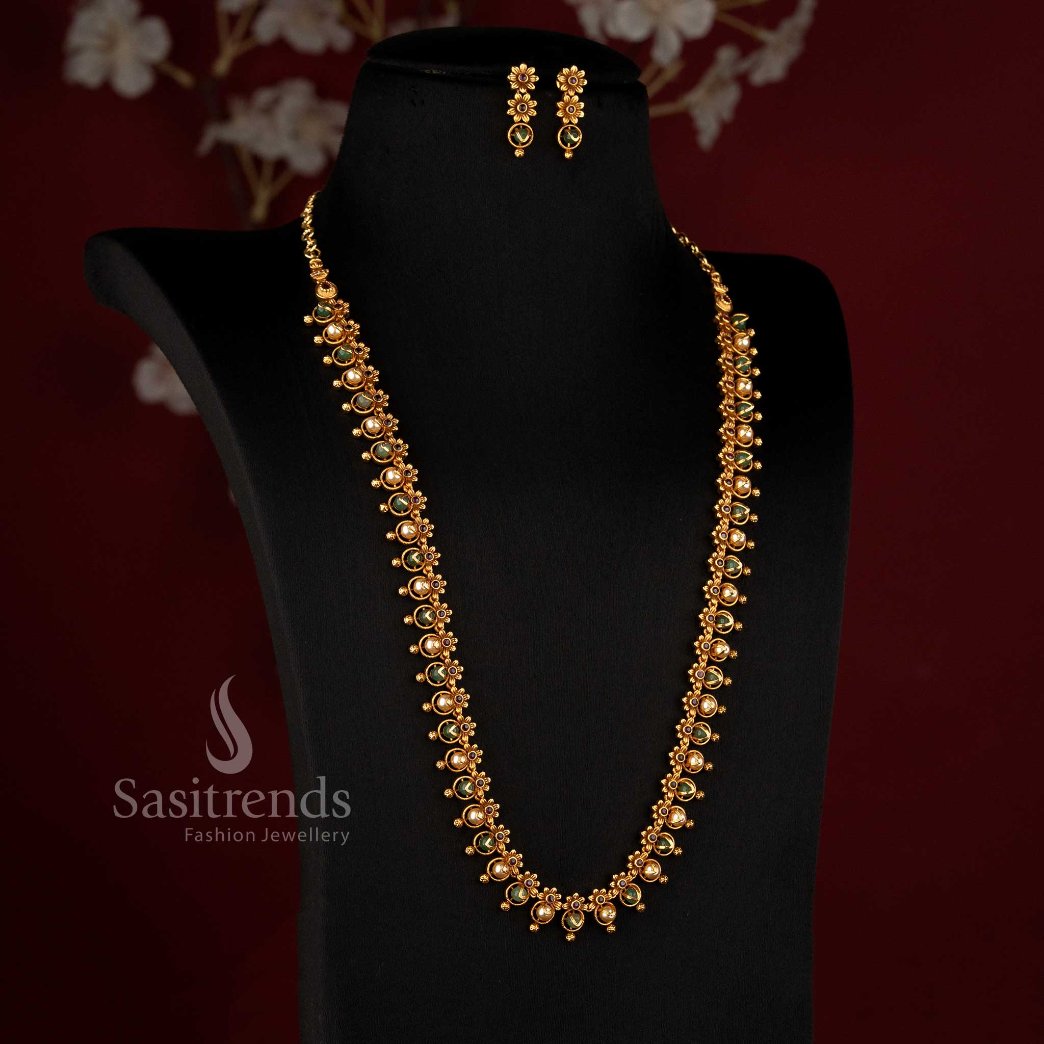 Matte Gold Plated Long Pearl Necklace for South Indian Festive Wear - Sasitrends
