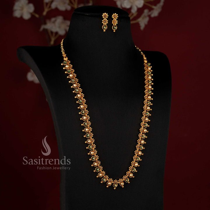 Matte Gold Plated Long Pearl Necklace for South Indian Festive Wear - Sasitrends