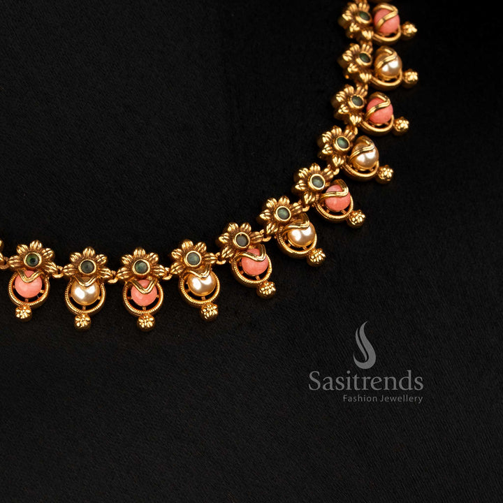 Matte Gold Plated Short Pearl Necklace for South Indian Festive Wear - Sasitrends