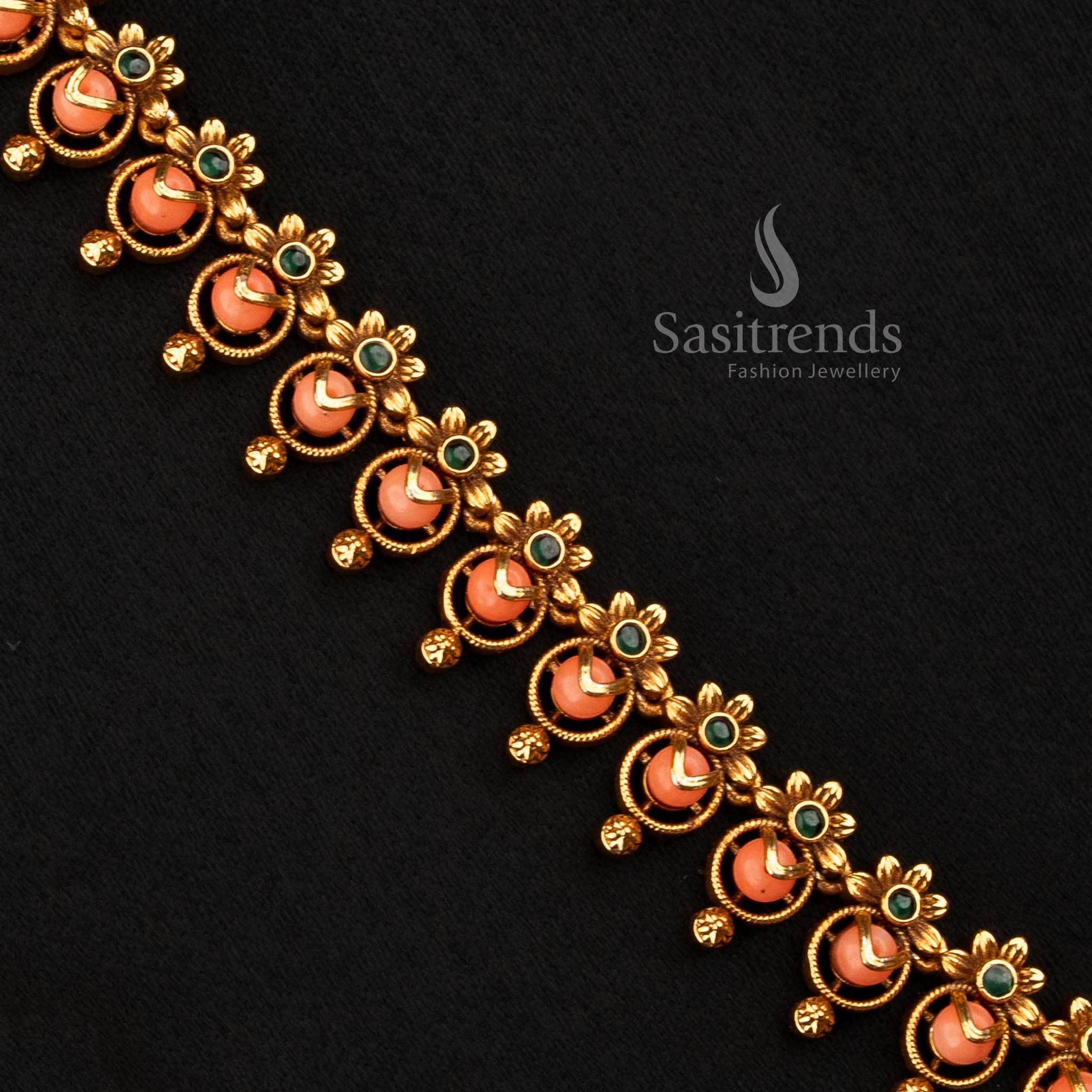 Matte Gold Temple Floral Long Necklace with Pearl Accents - Sasitrends