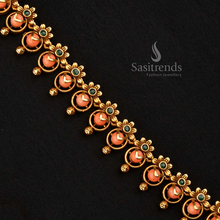 Matte Gold Temple Floral Long Necklace with Pearl Accents - Sasitrends