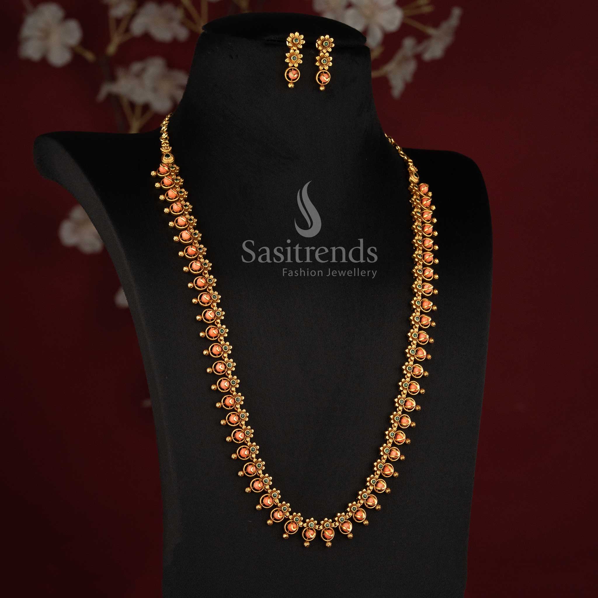 Traditional Matte Gold Plated Floral Long Necklace with Round Pearl Detailing - Sasitrends