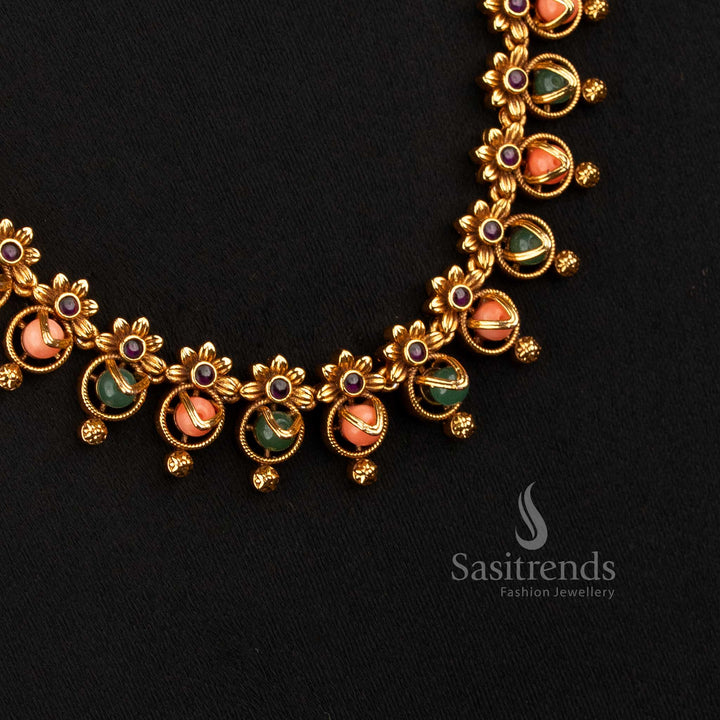 Matte Gold Plated Long Pearl Necklace for South Indian Festive Wear - Sasitrends