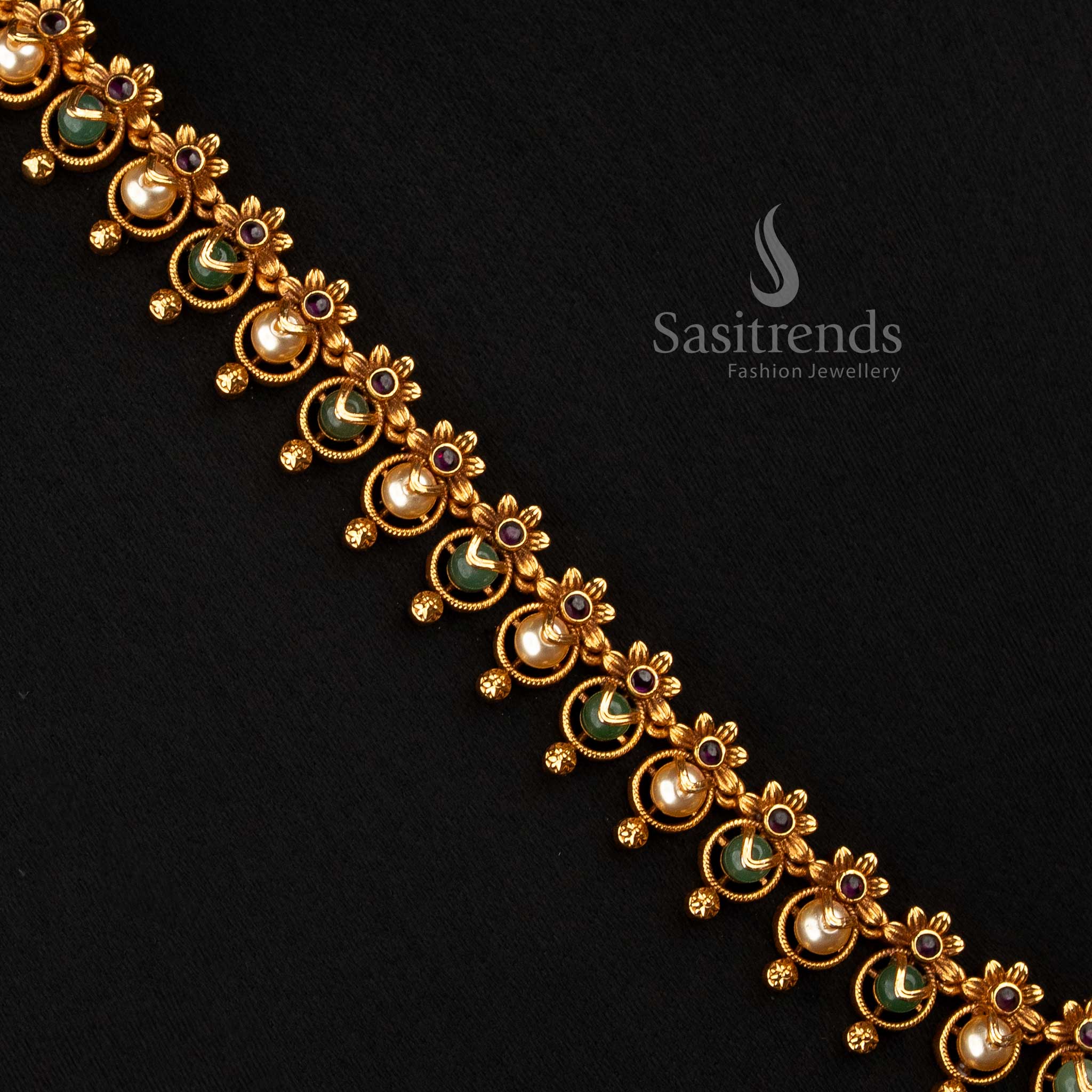 Matte Gold Plated Long Pearl Necklace for South Indian Festive Wear - Sasitrends