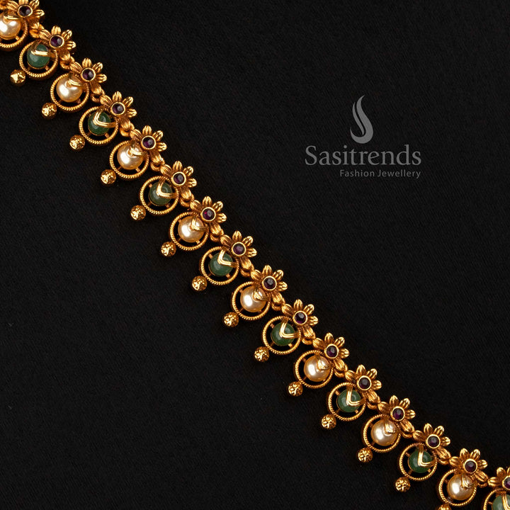 Matte Gold Plated Long Pearl Necklace for South Indian Festive Wear - Sasitrends