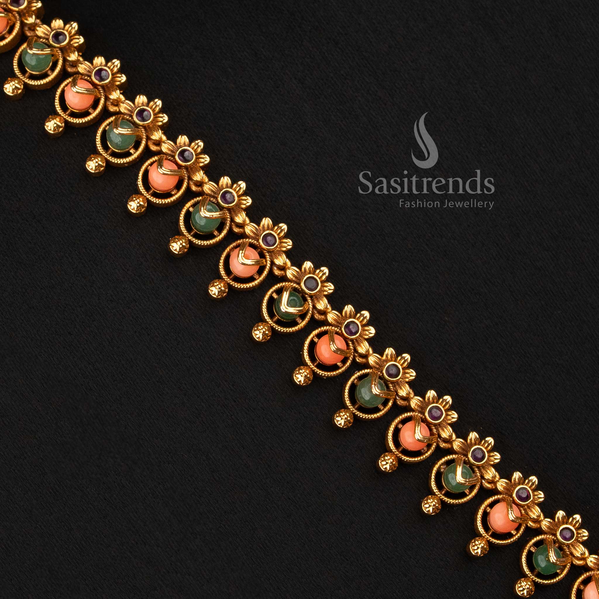 Matte Gold Plated Long Pearl Necklace for South Indian Festive Wear - Sasitrends