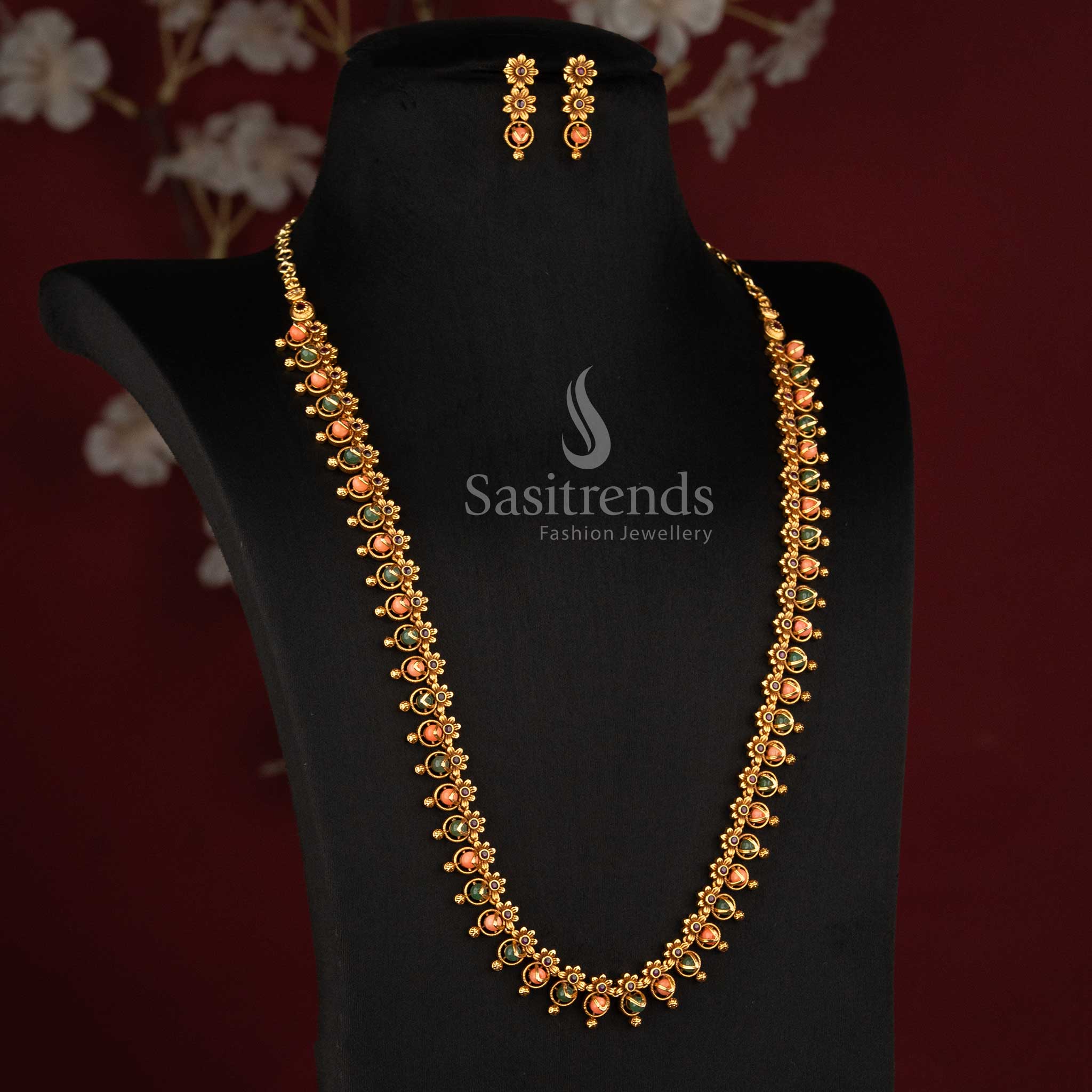 Matte Gold Plated Long Pearl Necklace for South Indian Festive Wear - Sasitrends