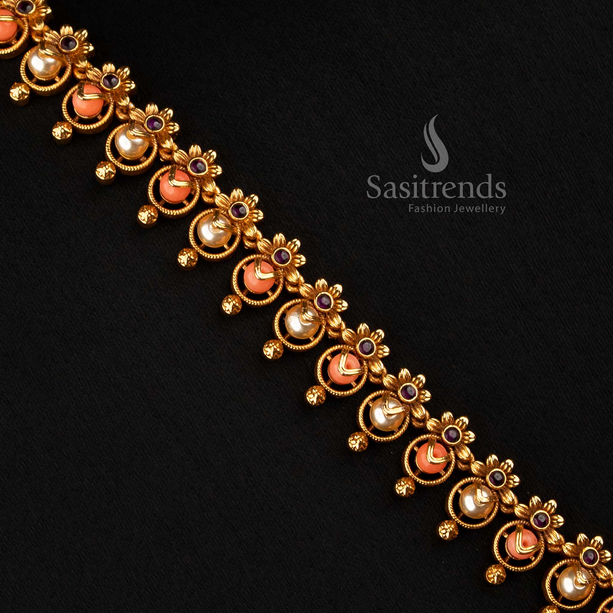 Matte Gold Plated Long Pearl Necklace for South Indian Festive Wear - Sasitrends