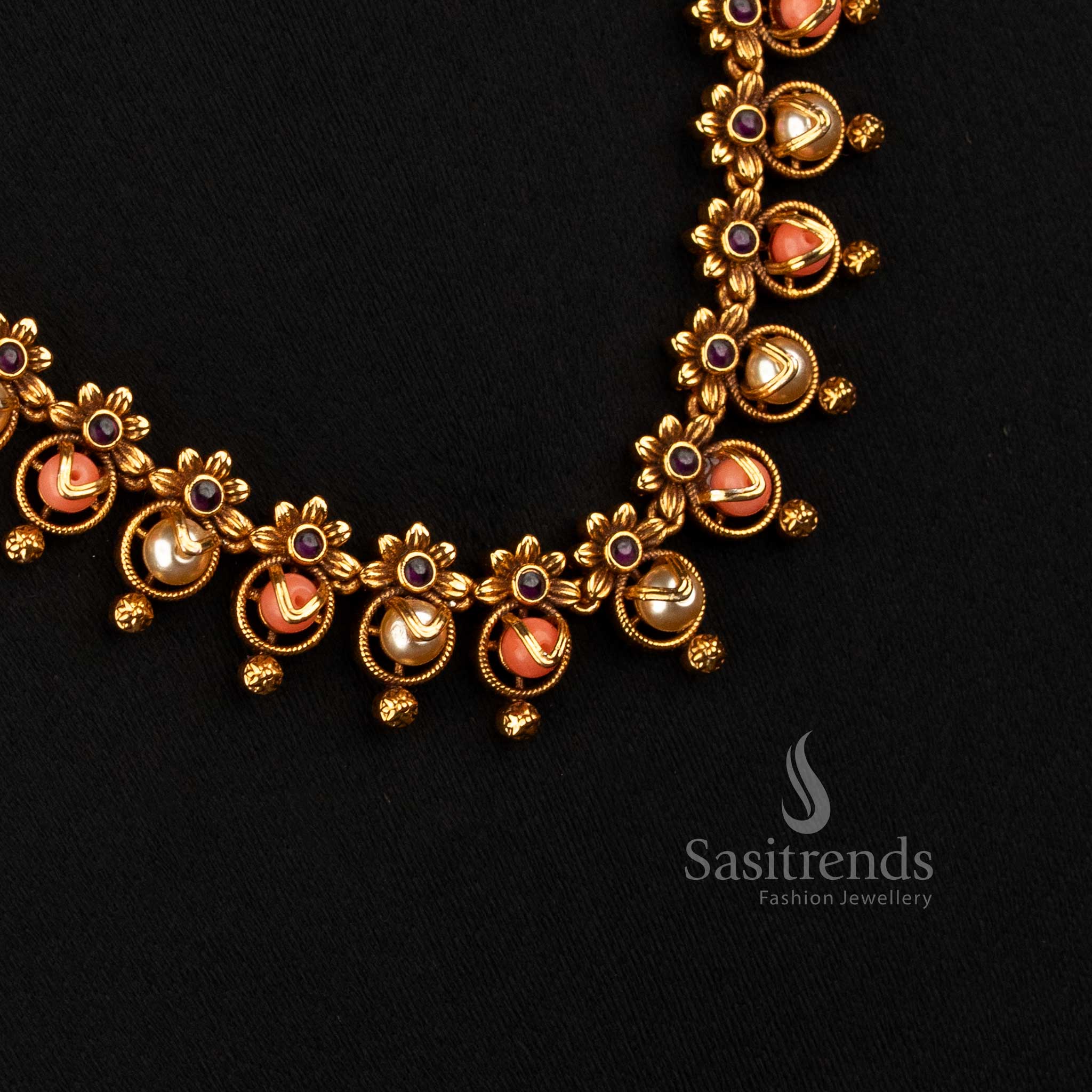 Matte Gold Plated Long Pearl Necklace for South Indian Festive Wear - Sasitrends