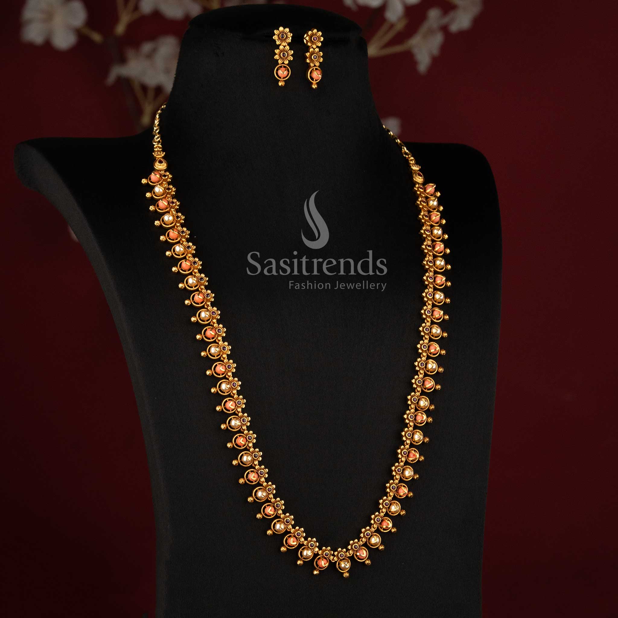 Detailed Floral Temple Motifs with Round Pearl Elements on Long Necklace - Sasitrends