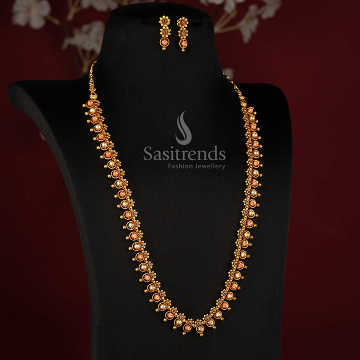Detailed Floral Temple Motifs with Round Pearl Elements on Long Necklace - Sasitrends