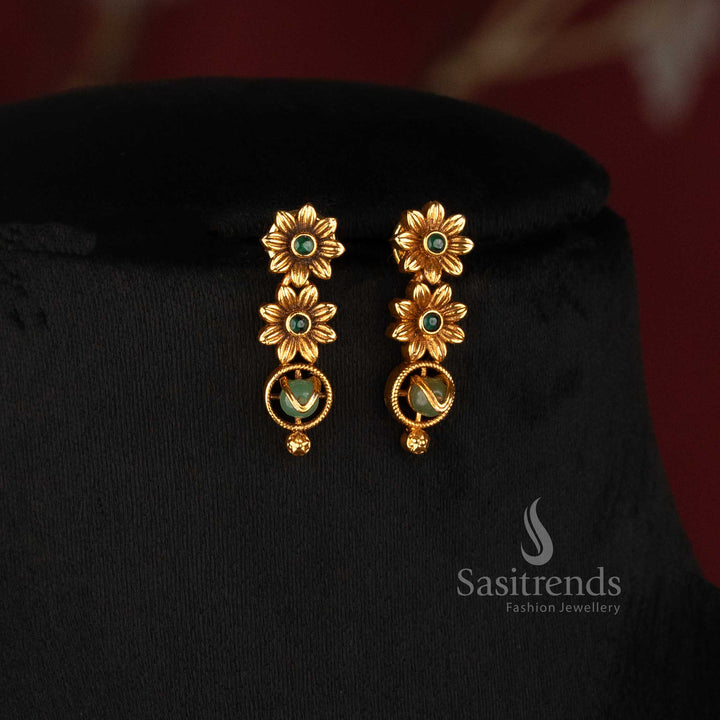 Temple Matte Gold Plated Floral Round Pearl Long Necklace Set - Sasitrends