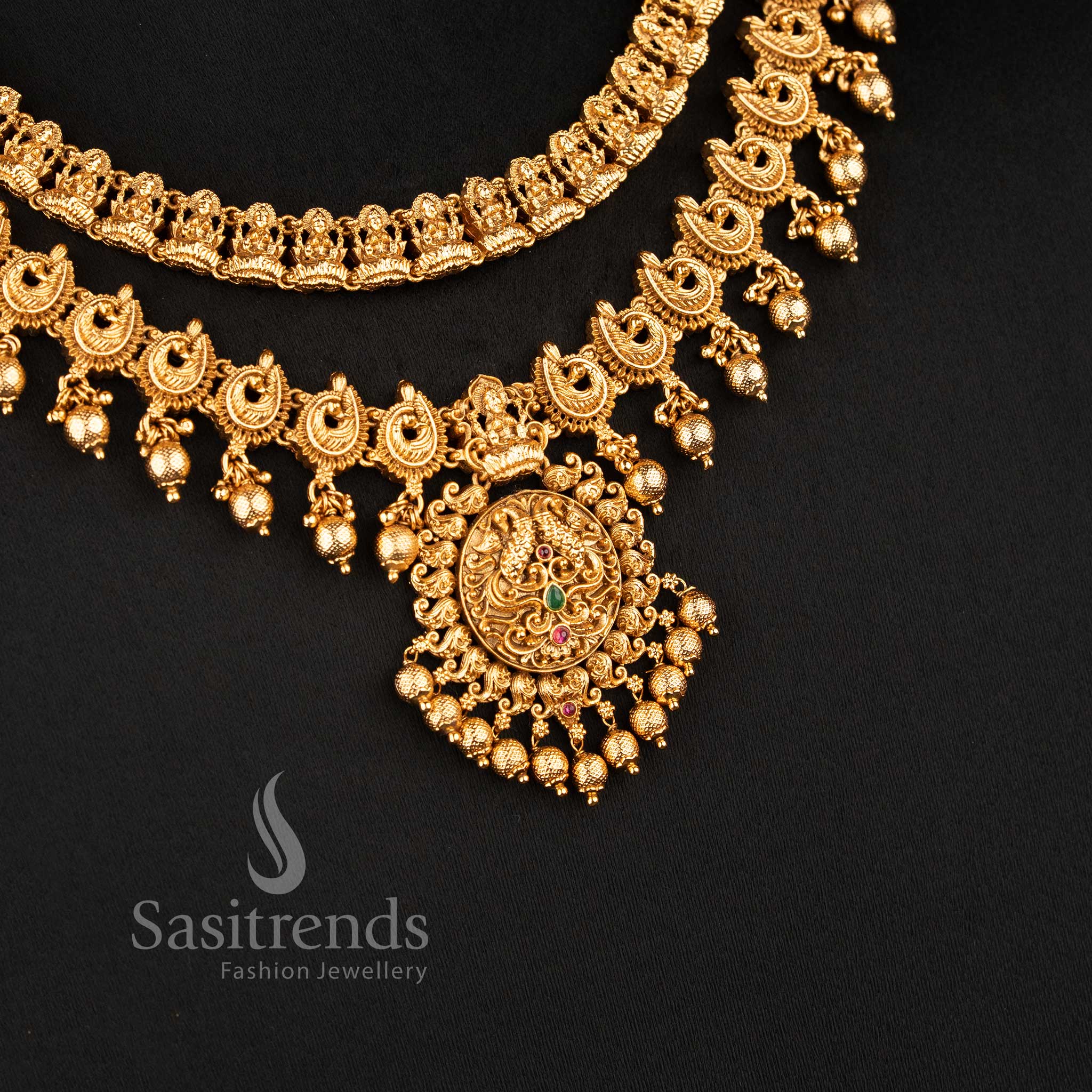 Grand bridal temple necklace set featuring a dual-layered design with a Goddess Lakshmi upper strand and a peacock motif lower strand 2073A - Sasitrends