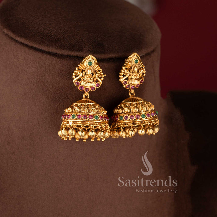 Grand bridal temple necklace set featuring a dual-layered design with a Goddess Lakshmi upper strand and a peacock motif lower strand 2073A - Sasitrends