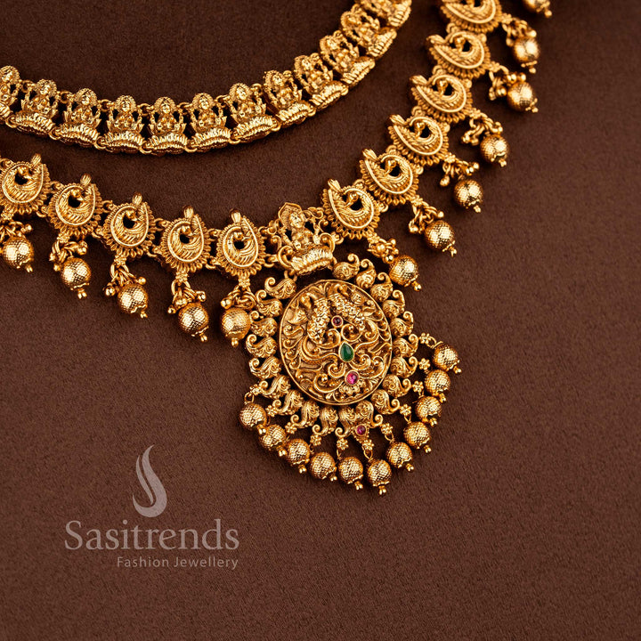 Grand bridal temple necklace set featuring a dual-layered design with a Goddess Lakshmi upper strand and a peacock motif lower strand 2073A - Sasitrends