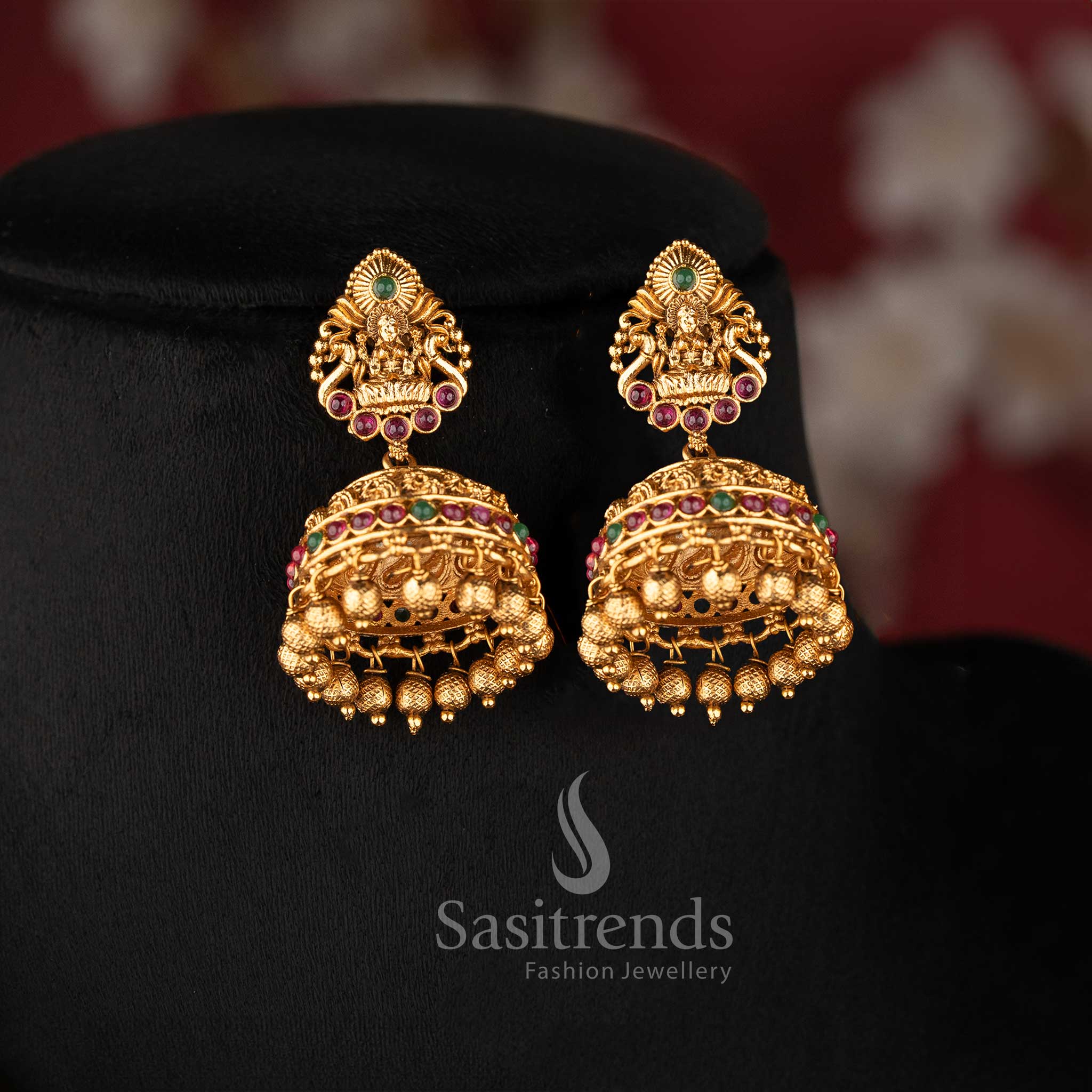 Matching bridal dome jhumkas adorned with multi-colour stone accents and tiny gold-bead clusters for a traditional South Indian look 2073A - Sasitrends