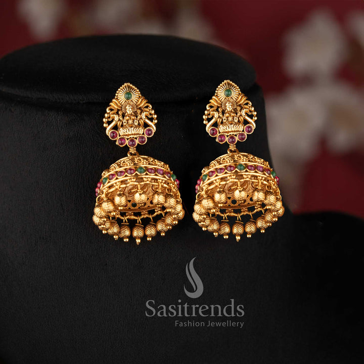 Matching bridal dome jhumkas adorned with multi-colour stone accents and tiny gold-bead clusters for a traditional South Indian look 2073A - Sasitrends