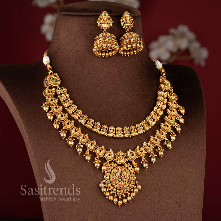 Traditional Grand Bridal Lakshmi and Peacock Necklace Jewellery Set - Matte Gold Plated Jewellery for Women | Sasitrends