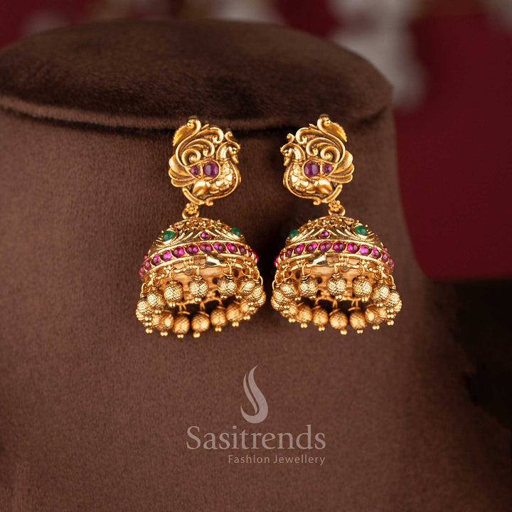 Matching peacock-stud jhumkas in a matte gold finish with bell-shaped domes and a classic South Indian temple aesthetic 2073B - Sasitrends
