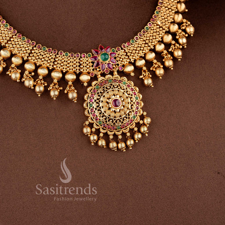 heavy bridal necklace set with ruby stone detailing floral craftsmanship and hanging beads for saree and lehenga sasitrends