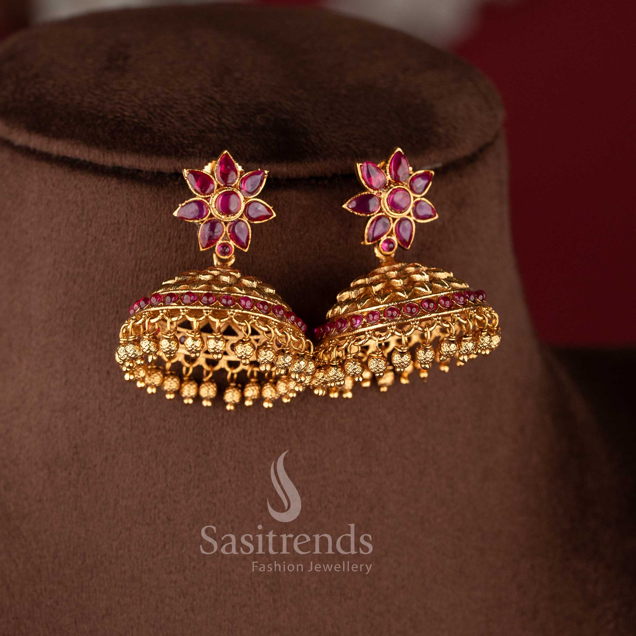 Wedding special temple style necklace set with ruby green stones floral pattern and rich traditional finish sasitrends