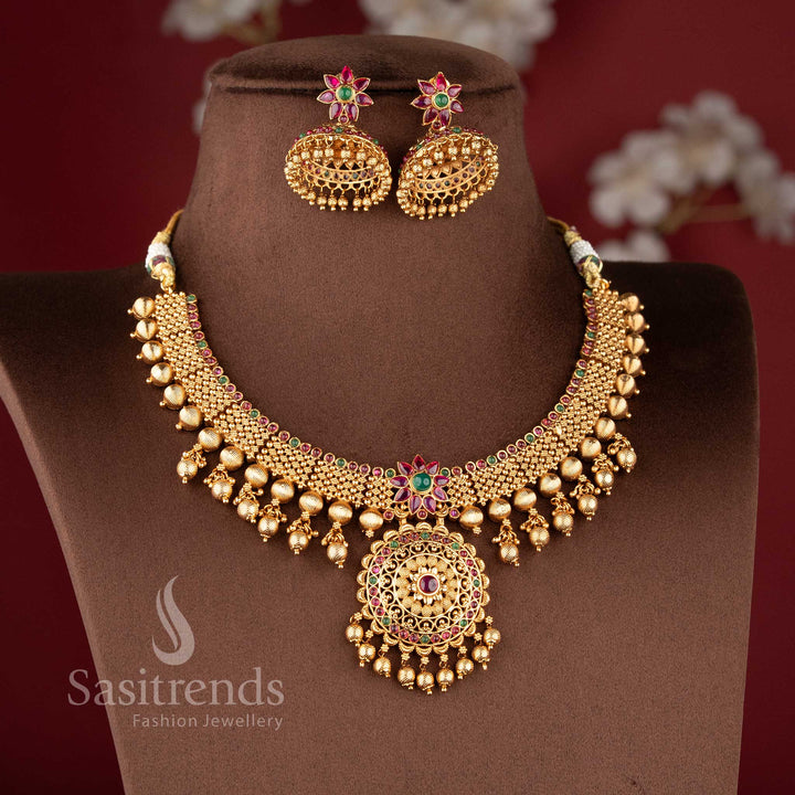 Traditional Grand Bridal Floral Necklace Jewellery Set - Temple Matte Gold Plated | Sasitrends