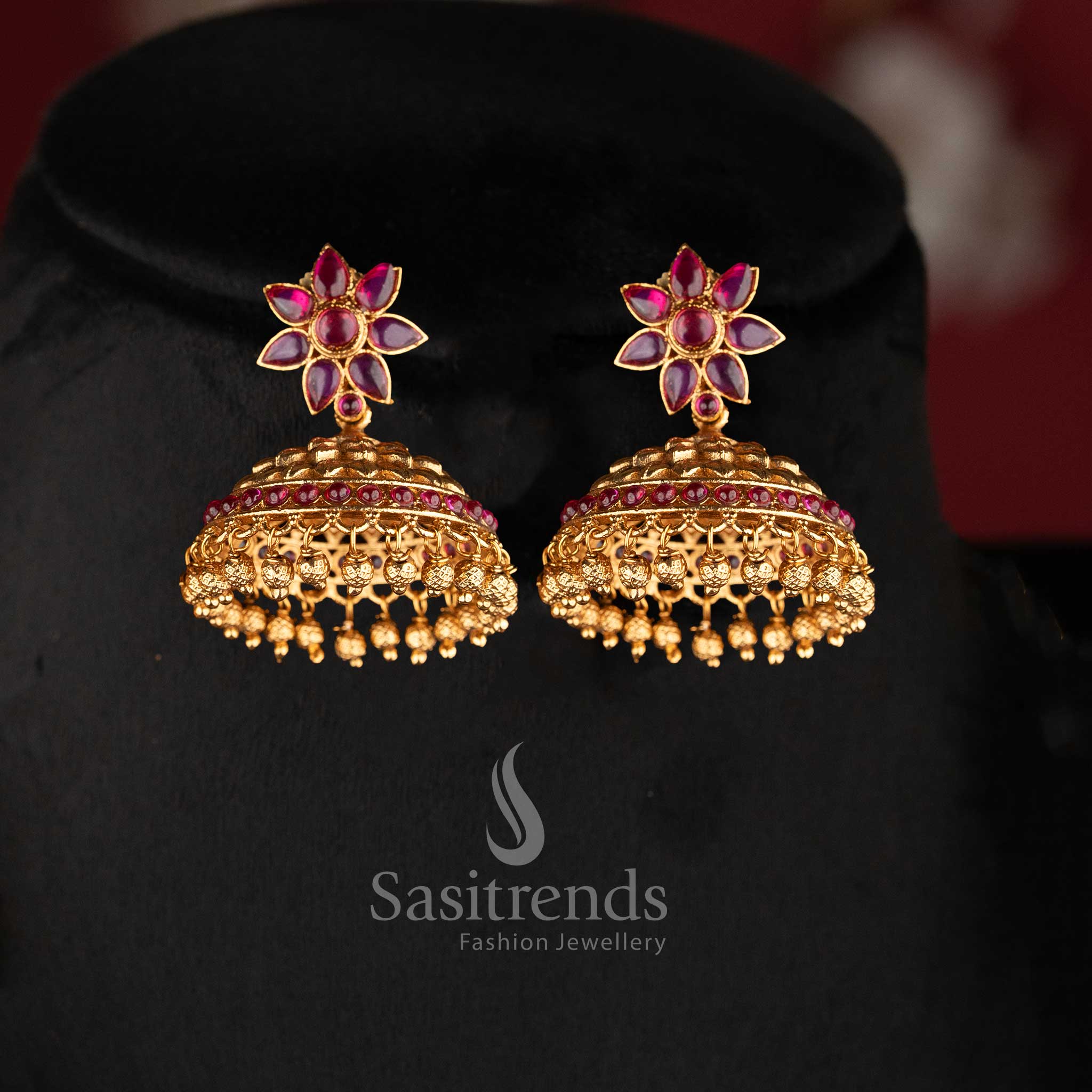 Traditional temple matte gold plated bridal floral necklace set with matching jhumka earrings for wedding and festive wear - Sasitrends