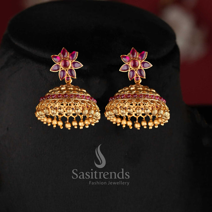 Traditional temple matte gold plated bridal floral necklace set with matching jhumka earrings for wedding and festive wear - Sasitrends