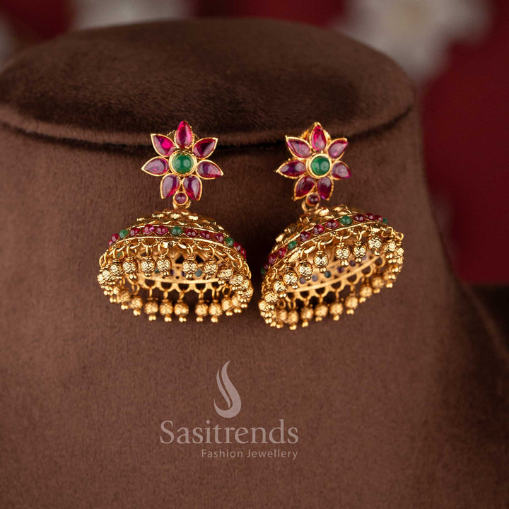 Wedding special temple style necklace set with ruby green stones floral pattern and rich traditional finish sasitrends