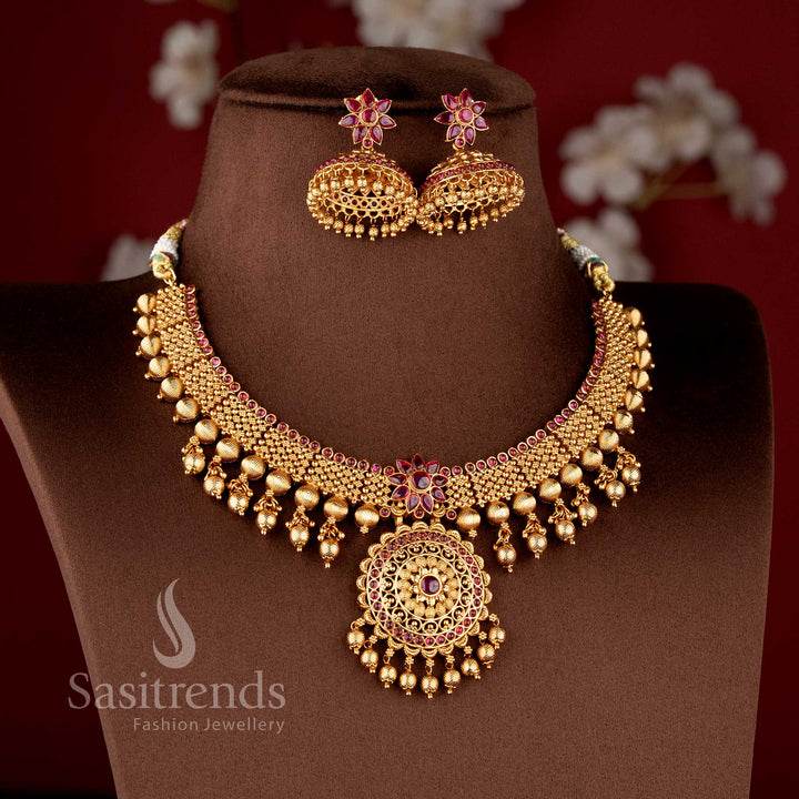 Wedding special temple style necklace set with ruby stones floral pattern and rich traditional finish sasitrends