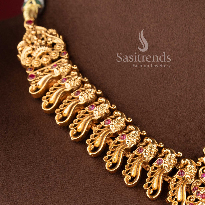 ethnic matte finish temple jewellery set with ruby stones lakshmi pendant and traditional jhumkas for wedding wear sasitrends