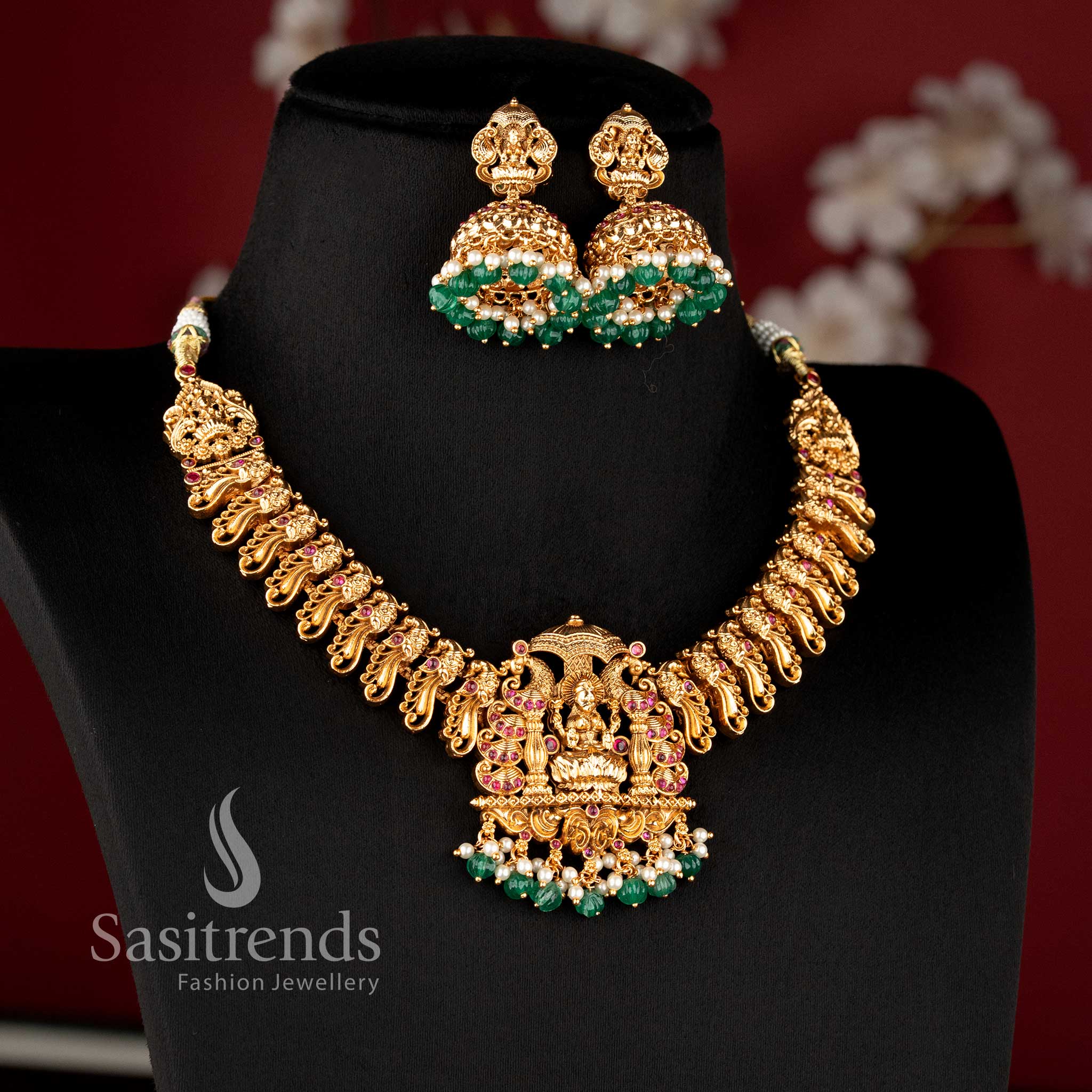 grand south indian bridal necklace with lakshmi and peacock motifs ruby green stone combination and bead hangings sasitrends