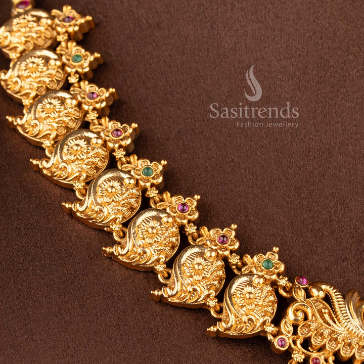 temple matte gold plated lakshmi peacock bridal necklace set with ruby and green stones and grand pendant for wedding wear sasitrends