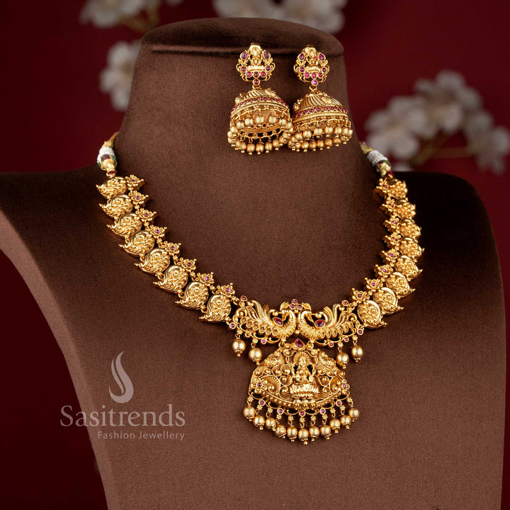 Grand Heritage Temple Lakshmi Peacock Bridal Wear Matte Gold Plated Necklace Set – Sasitrends