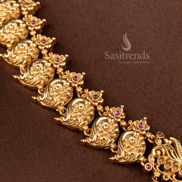 traditional south indian jewellery set with lakshmi motif peacock design and ruby stone detailing for bridal saree sasitrends